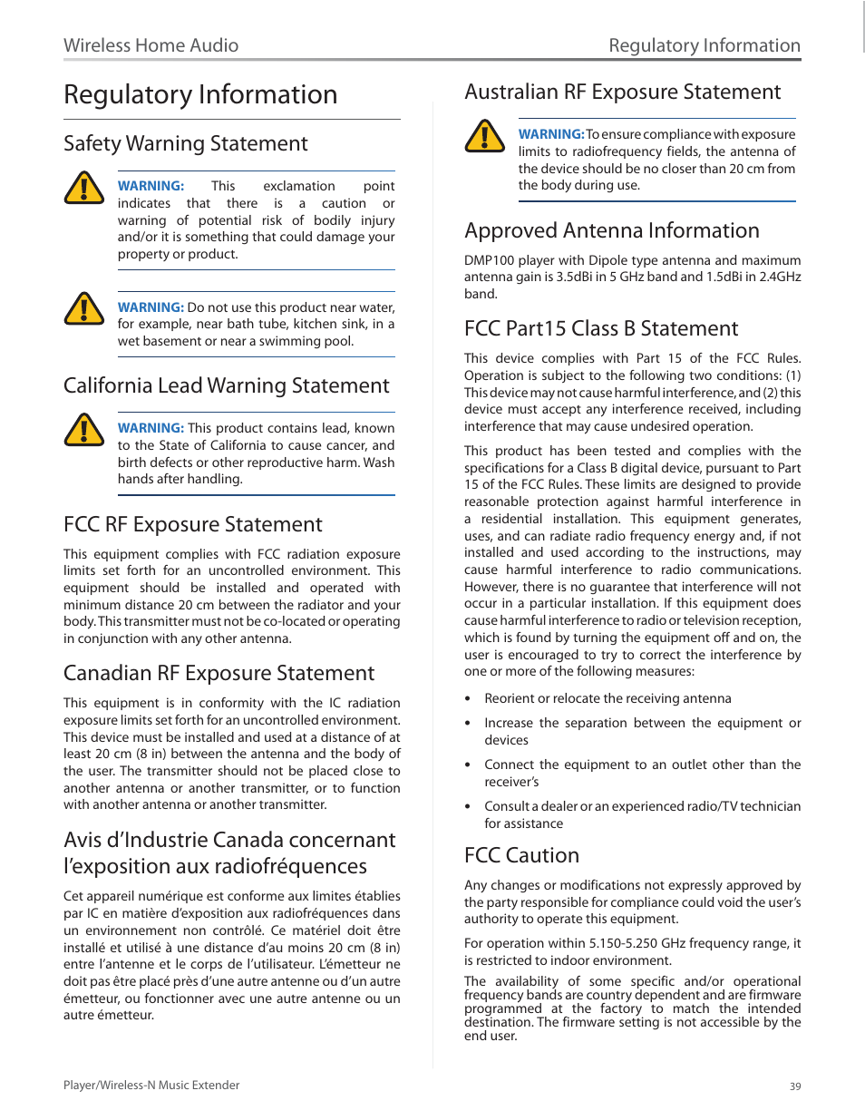 Regulatory information, Safety warning statement, California lead warning statement | Fcc rf exposure statement, Canadian rf exposure statement, Australian rf exposure statement, Approved antenna information, Fcc part15 class b statement, Fcc caution, Wireless home audio | Linksys Player / Wireless-N Music Extender DMP100 User Manual | Page 46 / 60