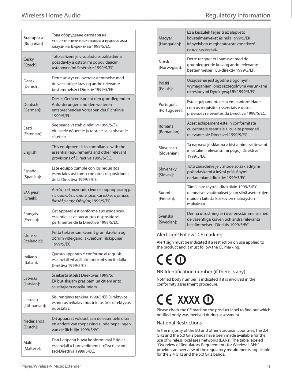Regulatory information, Wireless home audio | Linksys Player / Wireless-N Music Extender DMP100 User Manual | Page 48 / 60