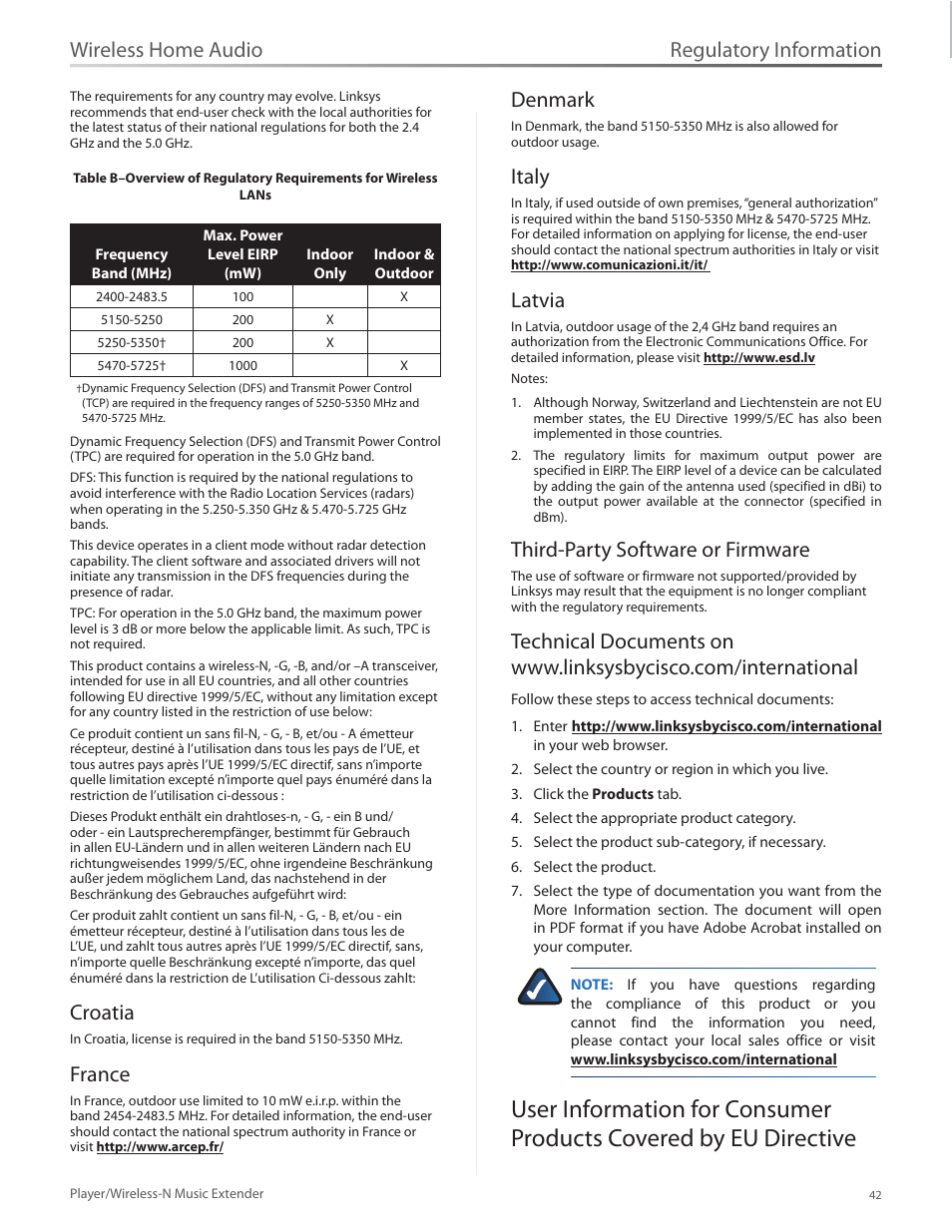 Croatia, France, Denmark | Italy, Latvia, Third-party software or firmware, Croatia france denmark italy latvia, Waste electric and electronic equipment (weee) 42, Regulatory information, Wireless home audio | Linksys Player / Wireless-N Music Extender DMP100 User Manual | Page 49 / 60