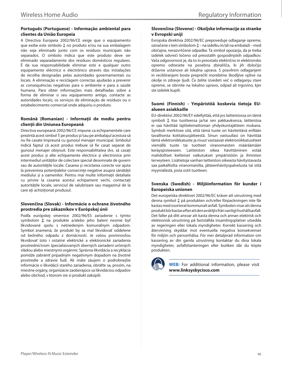Regulatory information, Wireless home audio | Linksys Player / Wireless-N Music Extender DMP100 User Manual | Page 53 / 60