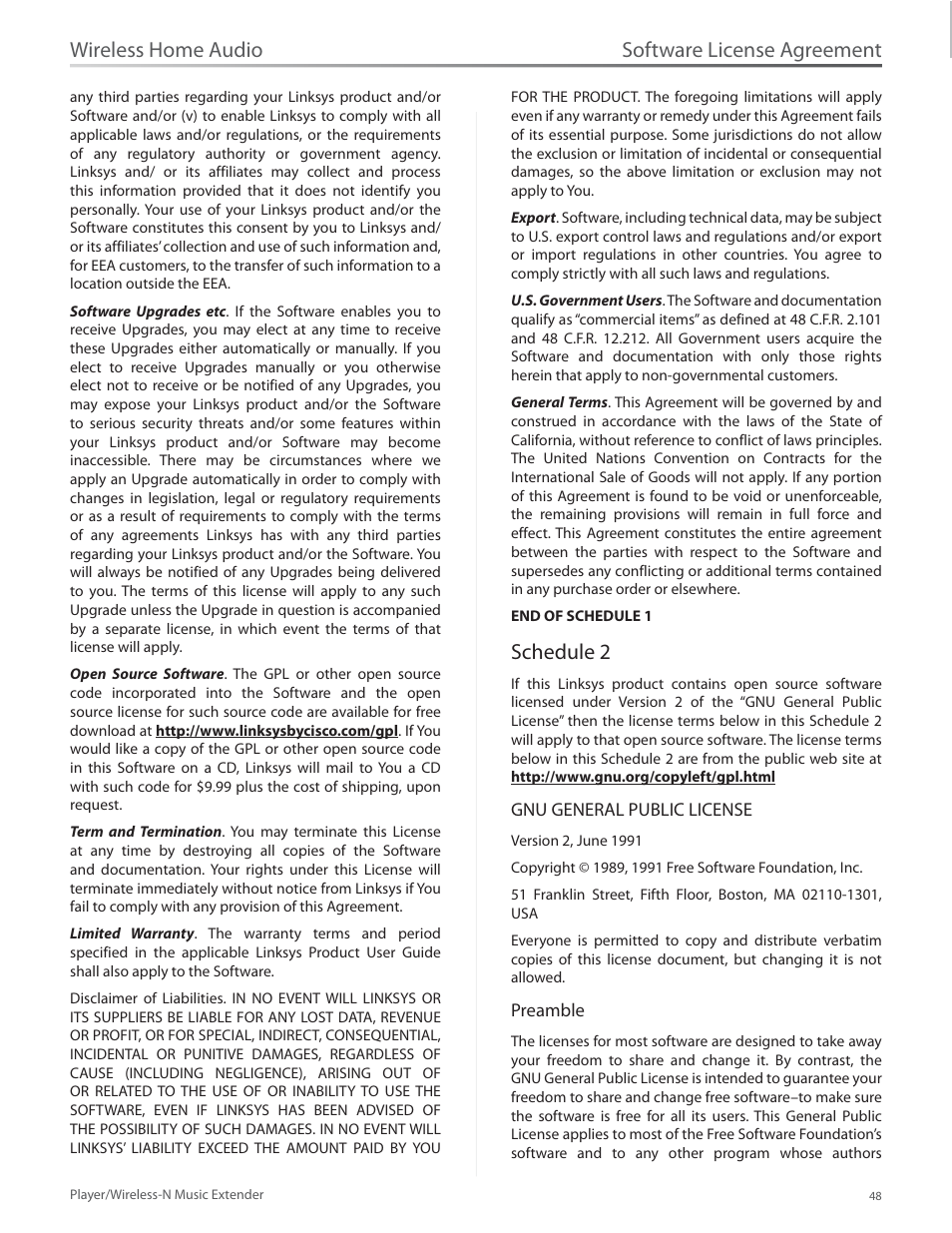 Schedule 2, Software license agreement, Wireless home audio | Linksys Player / Wireless-N Music Extender DMP100 User Manual | Page 55 / 60