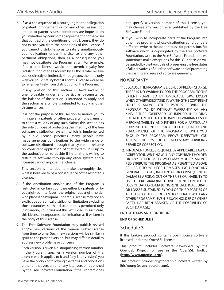 Schedule 3, Software license agreement, Wireless home audio | Linksys Player / Wireless-N Music Extender DMP100 User Manual | Page 58 / 60