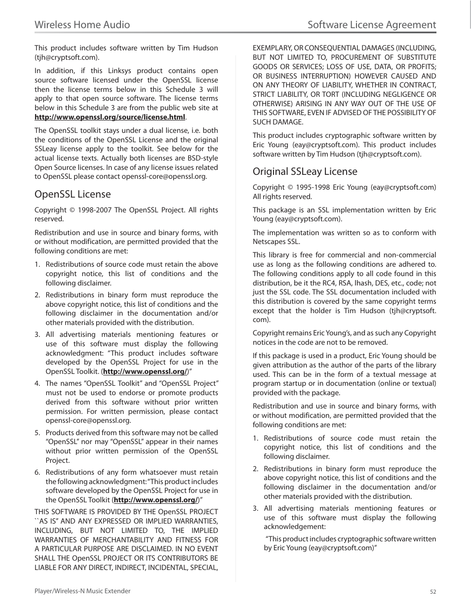 Openssl license, Original ssleay license, Openssl license original ssleay license | Software license agreement, Wireless home audio | Linksys Player / Wireless-N Music Extender DMP100 User Manual | Page 59 / 60