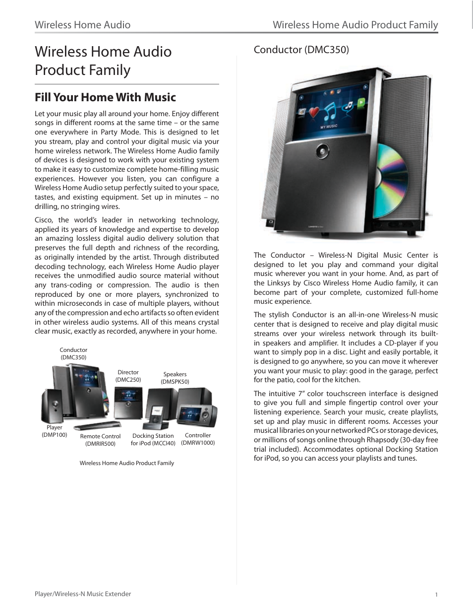 Wireless home audio product family, Fill your home with music, Conductor (dmc350) | Fill your home with music 1, Wireless home audio | Linksys Player / Wireless-N Music Extender DMP100 User Manual | Page 8 / 60