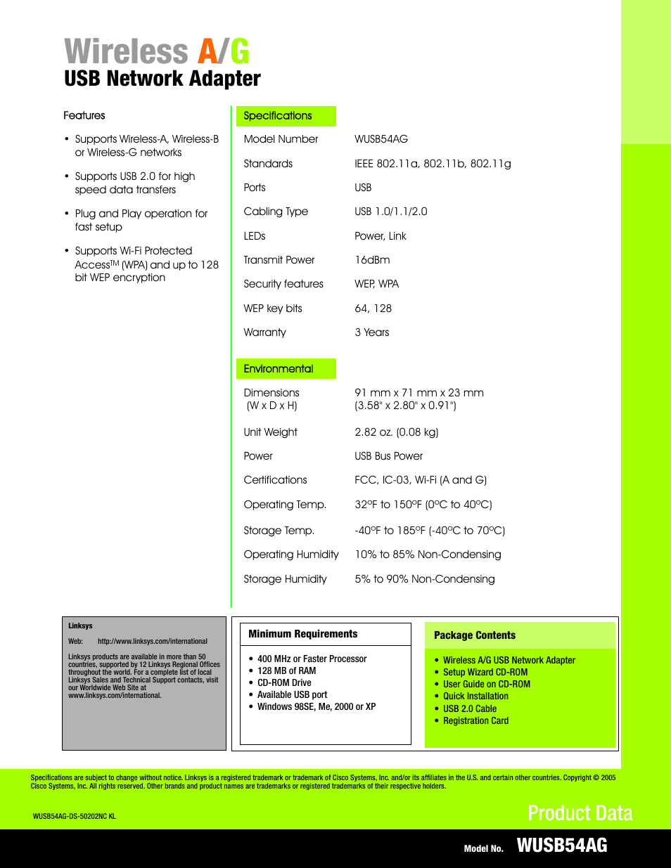 Wireless a / g, Usb network adapter, Product data | Wusb54ag | Linksys WUSB54AG User Manual | Page 2 / 2