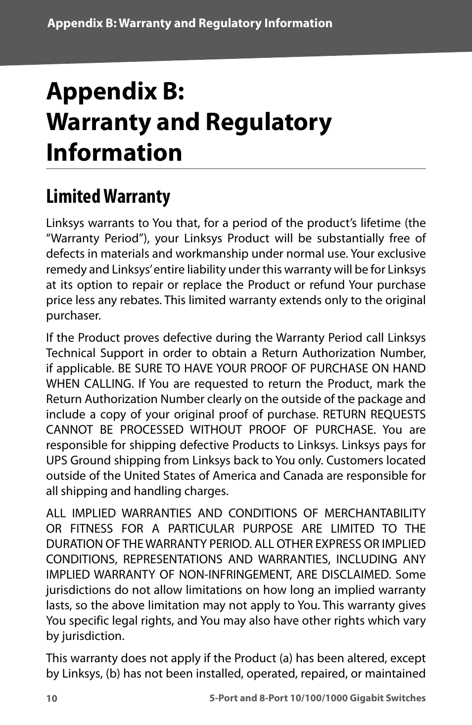 Appendix b: warranty and regulatory information, Limited warranty, Appendx b: warranty and regulatory informaton | Linksys SD2005 User Manual | Page 14 / 28