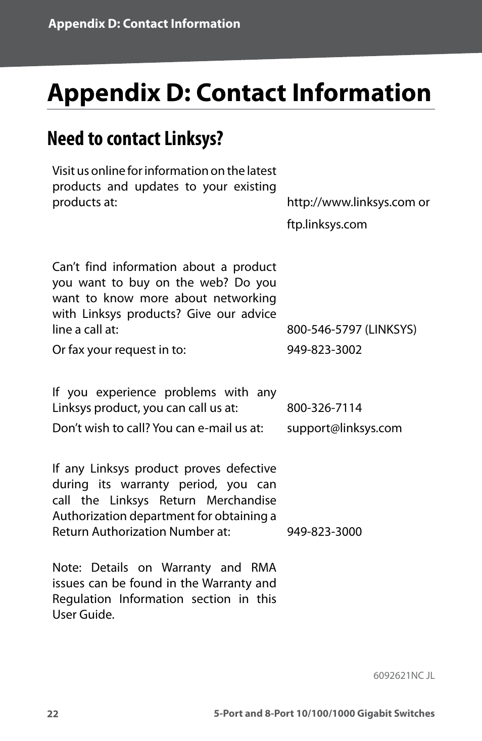 Appendix c: contact information, Need to contact linksys, Appendx d: contact informaton | Linksys SD2005 User Manual | Page 26 / 28