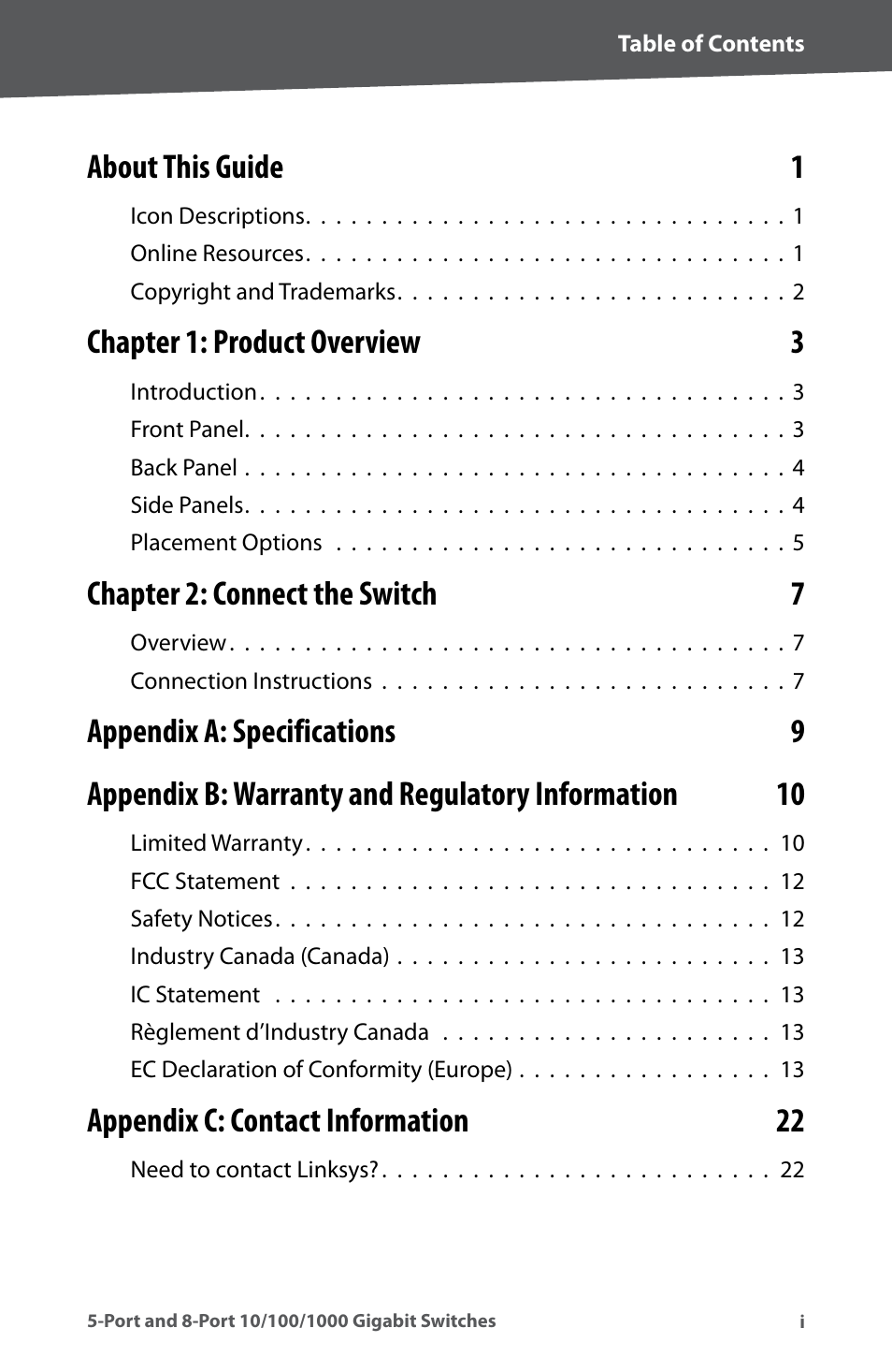 About this guide 1, Chapter 1: product overview 3, Chapter 2: connect the switch 7 | Appendix c: contact information 22 | Linksys SD2005 User Manual | Page 3 / 28