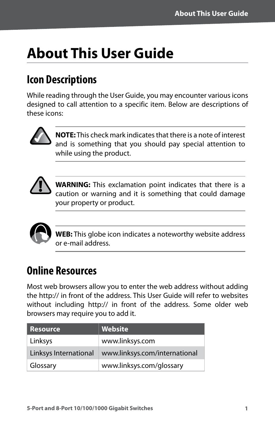 About this guide, Icon descriptions, Online resources | Icon descriptions online resources, About ths user gude | Linksys SD2005 User Manual | Page 5 / 28