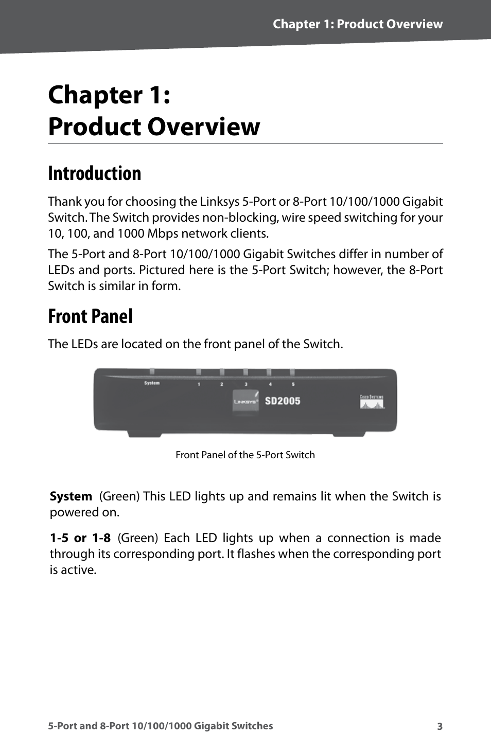 Chapter 1: product overview, Introduction, Front panel | Introduction front panel, Chapter 1: product overvew | Linksys SD2005 User Manual | Page 7 / 28