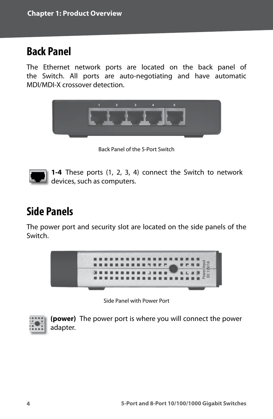 Back panel, Side panels, Back panel side panels | Linksys SD2005 User Manual | Page 8 / 28