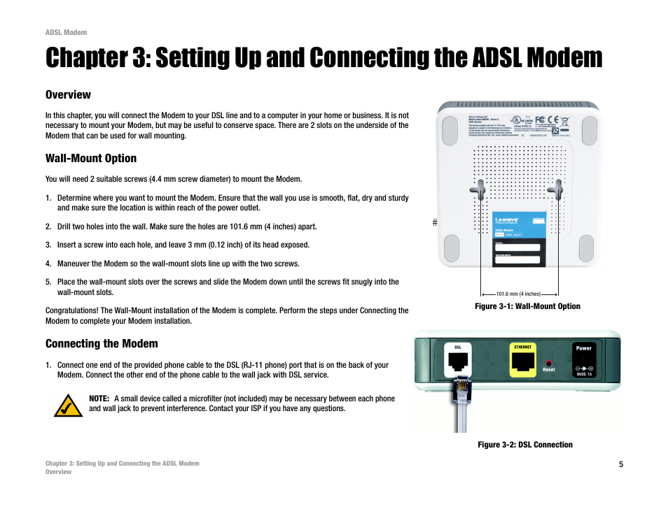 Chapter 3: connecting, Overview, Connecting the modem | Wall-mount option | Linksys AM200 User Manual | Page 10 / 50