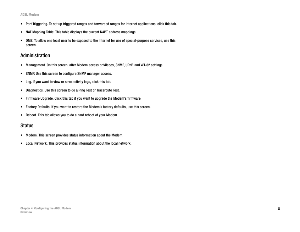 Administration, Status | Linksys AM200 User Manual | Page 13 / 50