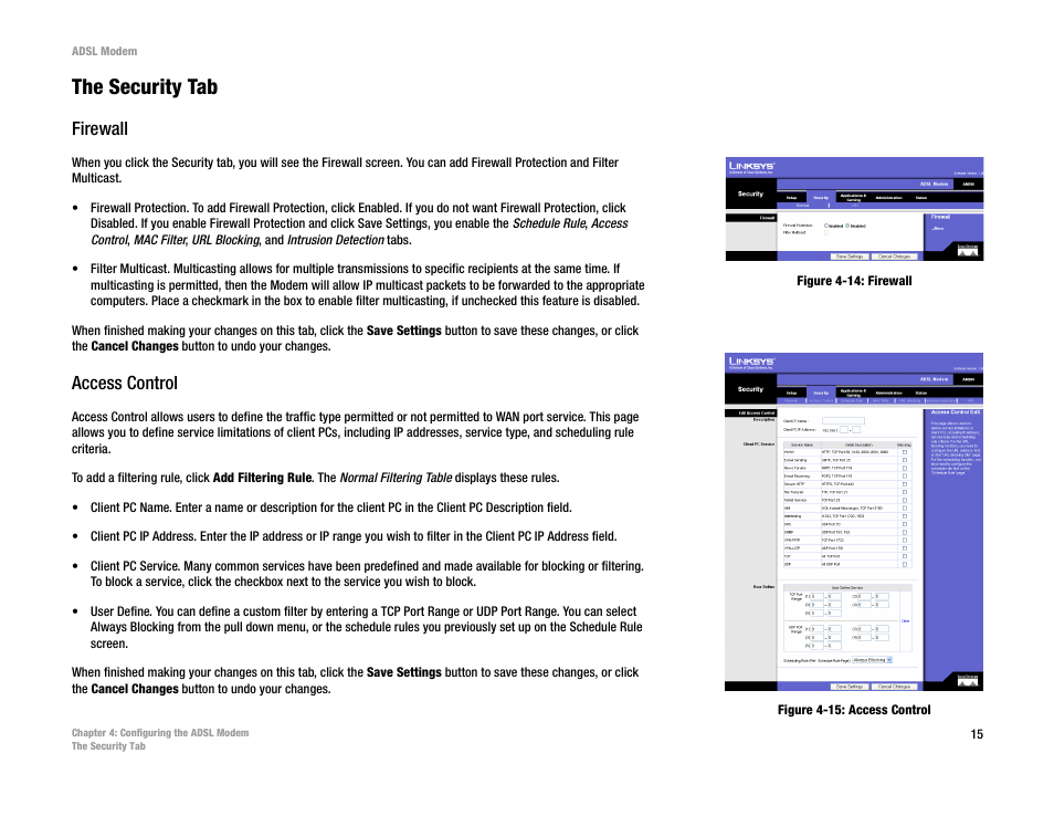 The security tab, Firewall, Access control | Linksys AM200 User Manual | Page 20 / 50
