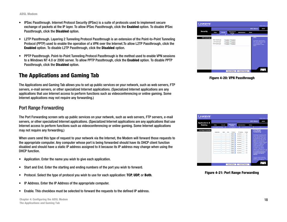 The applications and gaming tab, Port range forwarding | Linksys AM200 User Manual | Page 23 / 50