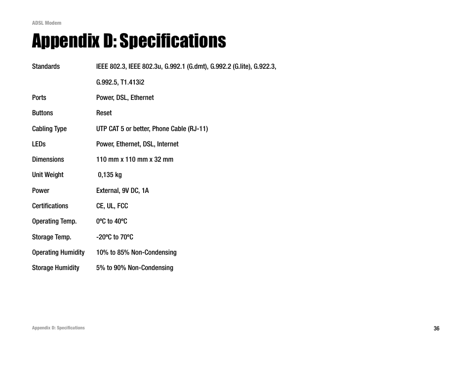 Appendix d: specifications | Linksys AM200 User Manual | Page 41 / 50