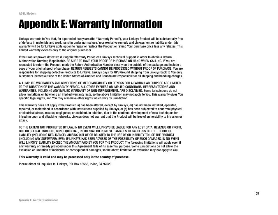 Appendix e: warranty information | Linksys AM200 User Manual | Page 42 / 50