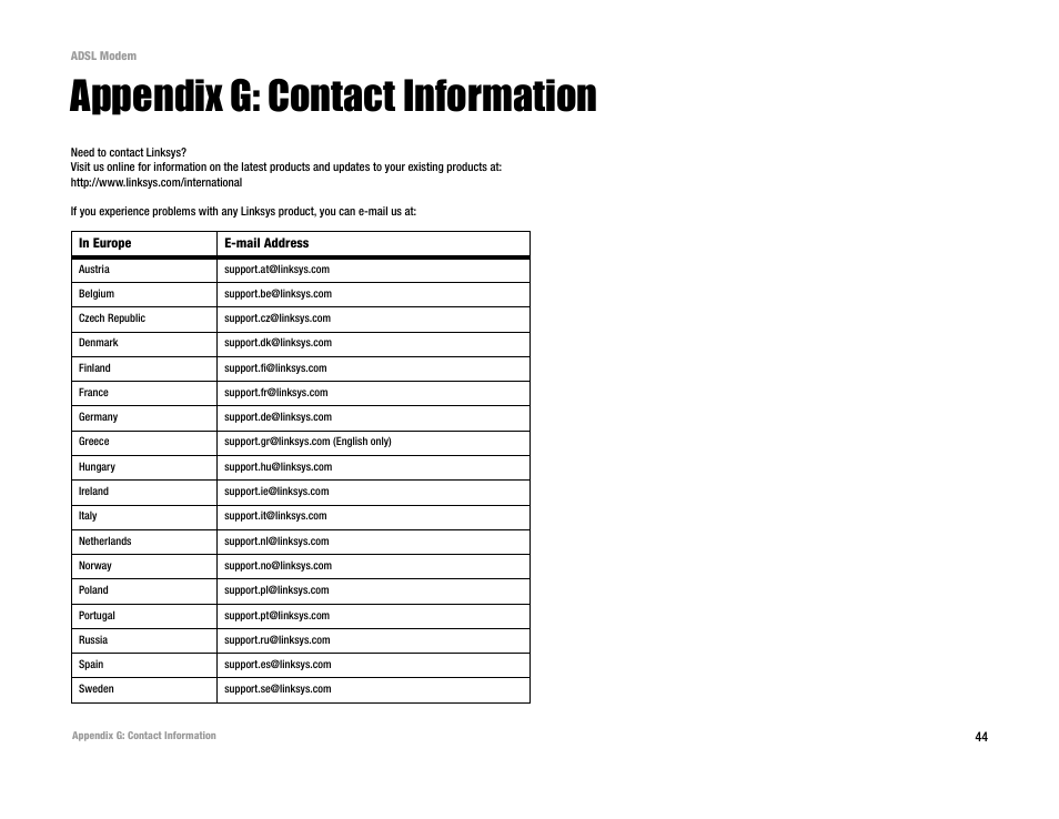 Appendix g: contact information | Linksys AM200 User Manual | Page 49 / 50