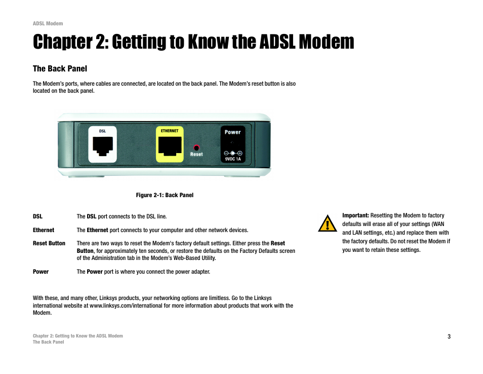 Chapter 2: getting to know the modem, Chapter 2: getting to know the adsl modem, The back panel | Linksys AM200 User Manual | Page 8 / 50