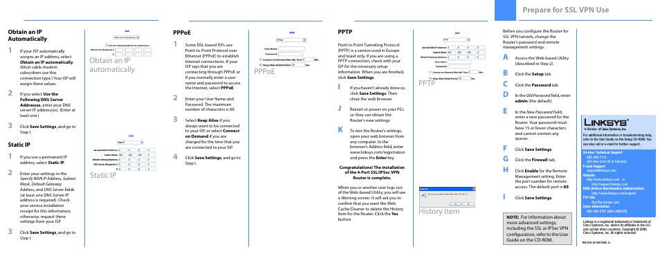 Obtain an ip, Pppoe pptp history item automatically static ip, Prepare for ssl vpn use | Linksys RVL200 User Manual | Page 2 / 2