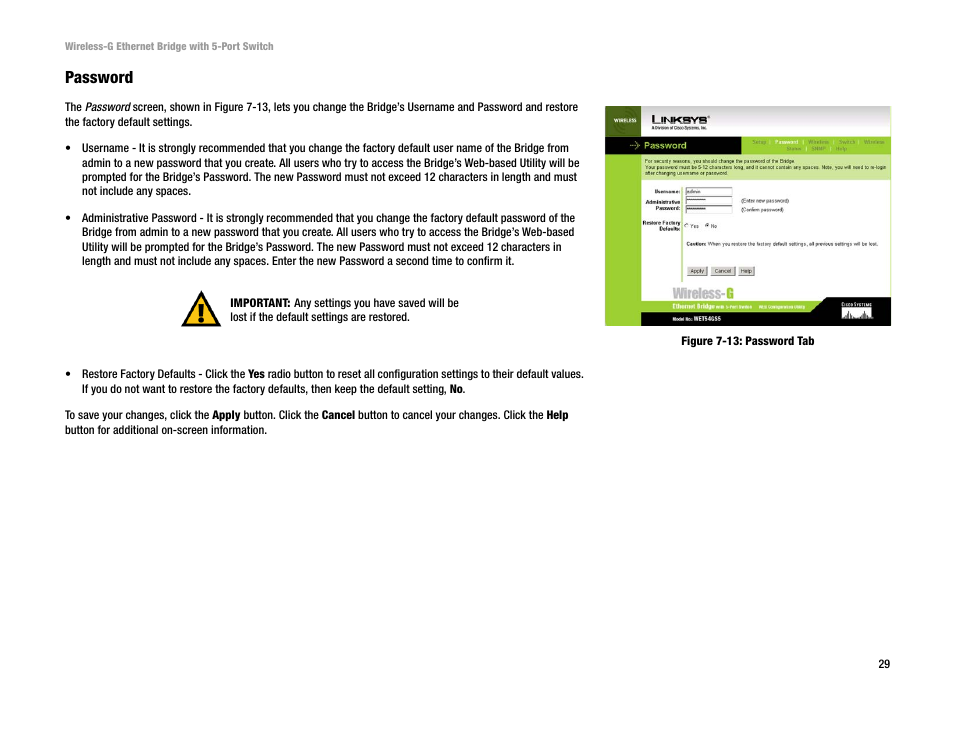 Password | Linksys WET54GS5 User Manual | Page 35 / 69