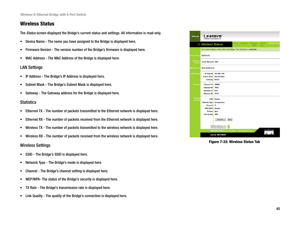 Wireless status | Linksys WET54GS5 User Manual | Page 46 / 69