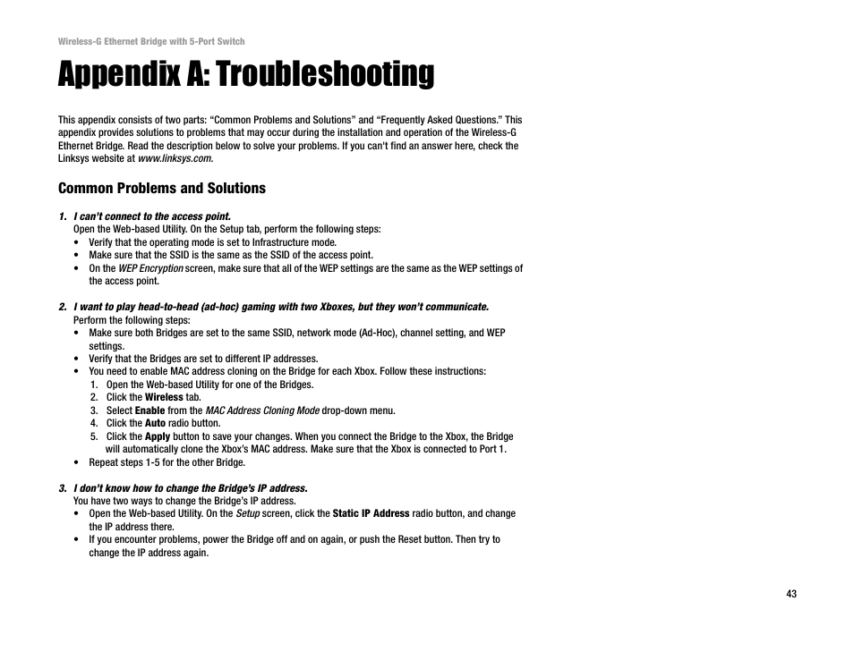 Appendix a: troubleshooting, Common problems and solutions | Linksys WET54GS5 User Manual | Page 49 / 69