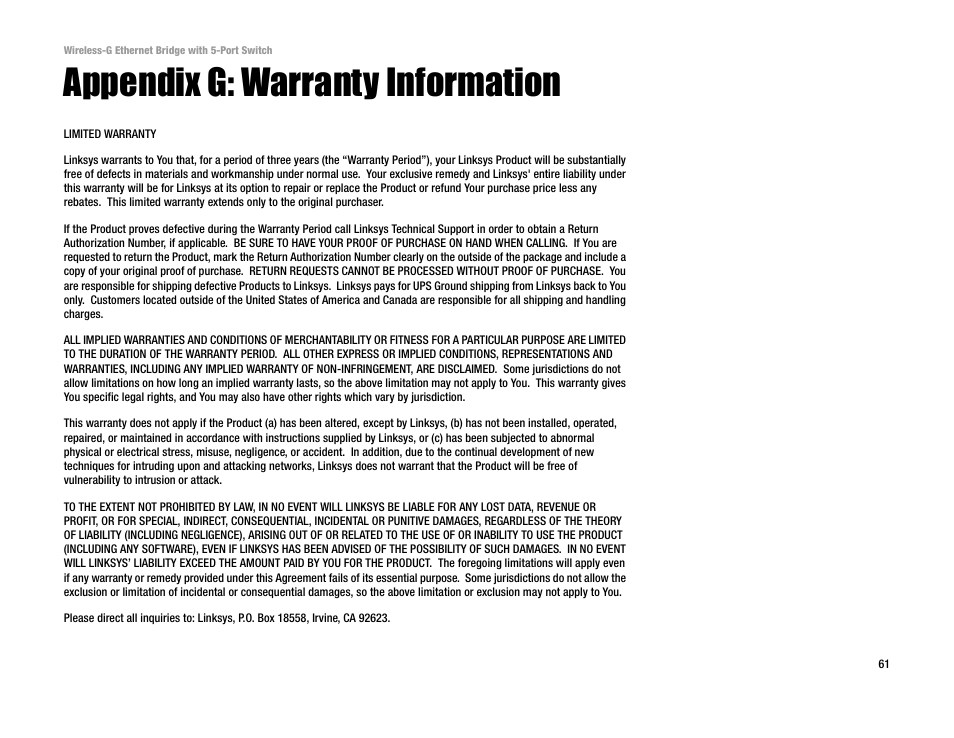 Appendix g: warranty information | Linksys WET54GS5 User Manual | Page 67 / 69
