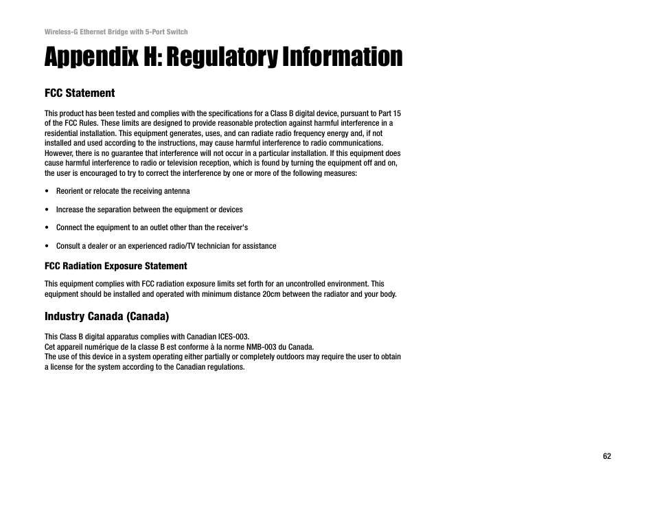 Appendix h: regulatory information | Linksys WET54GS5 User Manual | Page 68 / 69