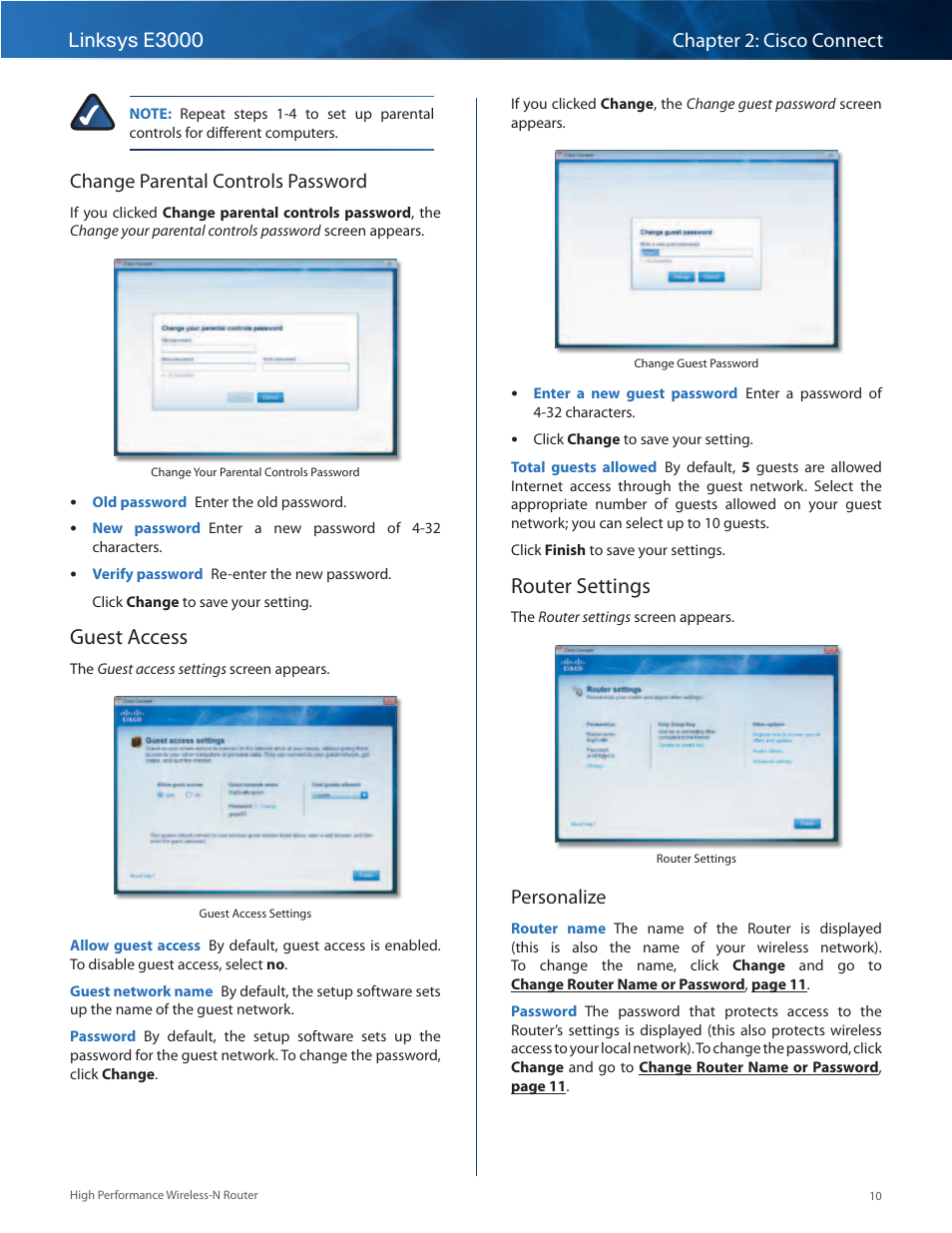 Guest access, Router settings, Guest access router settings | Change parental controls password, Personalize | Linksys E3000 User Manual | Page 13 / 80