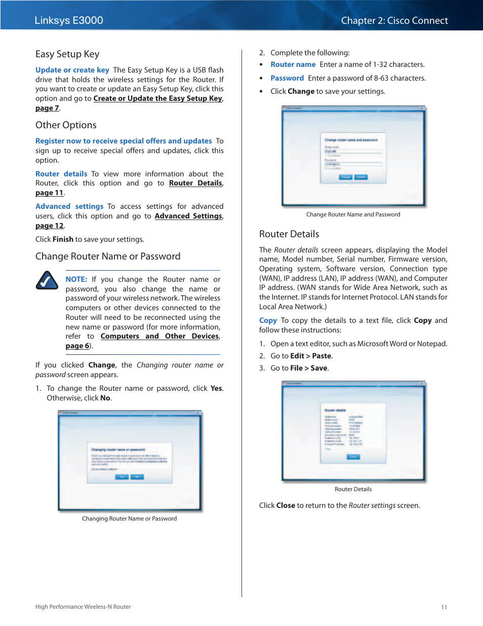 Easy setup key, Other options, Change router name or password | Router details | Linksys E3000 User Manual | Page 14 / 80