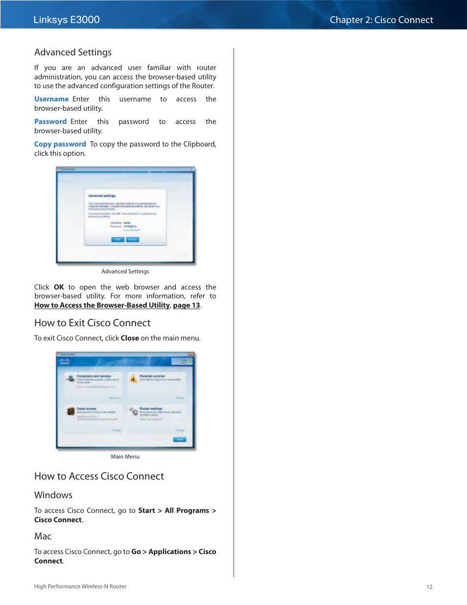 How to exit cisco connect, How to access cisco connect, Advanced settings | Windows | Linksys E3000 User Manual | Page 15 / 80