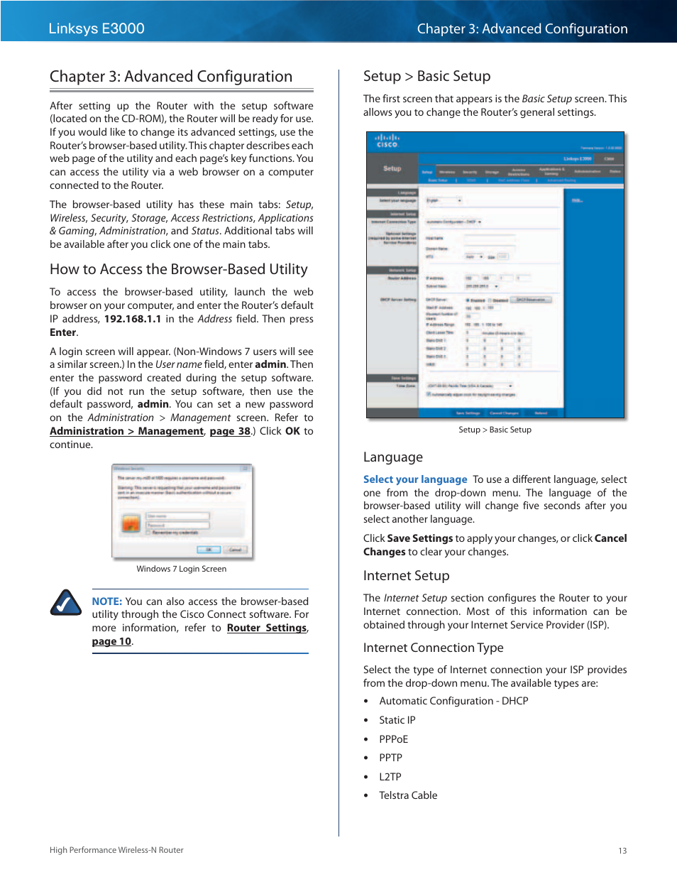 Chapter 3: advanced configuration, How to access the browser-based utility, Setup > basic setup | Language, Internet setup | Linksys E3000 User Manual | Page 16 / 80