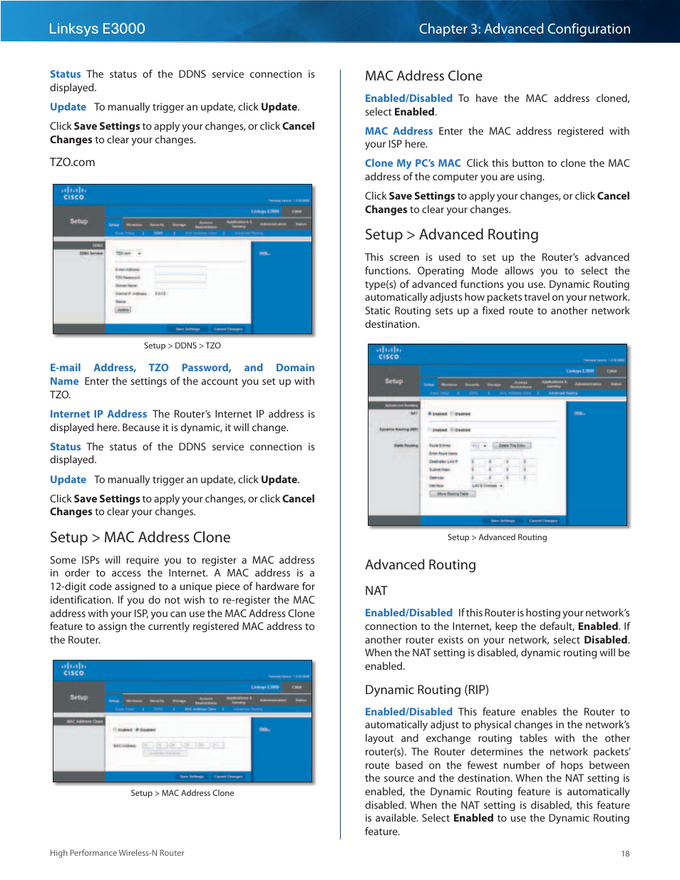 Setup > mac address clone, Setup > advanced routing, Setup > mac address clone setup > advanced routing | Mac address clone, Advanced routing | Linksys E3000 User Manual | Page 21 / 80