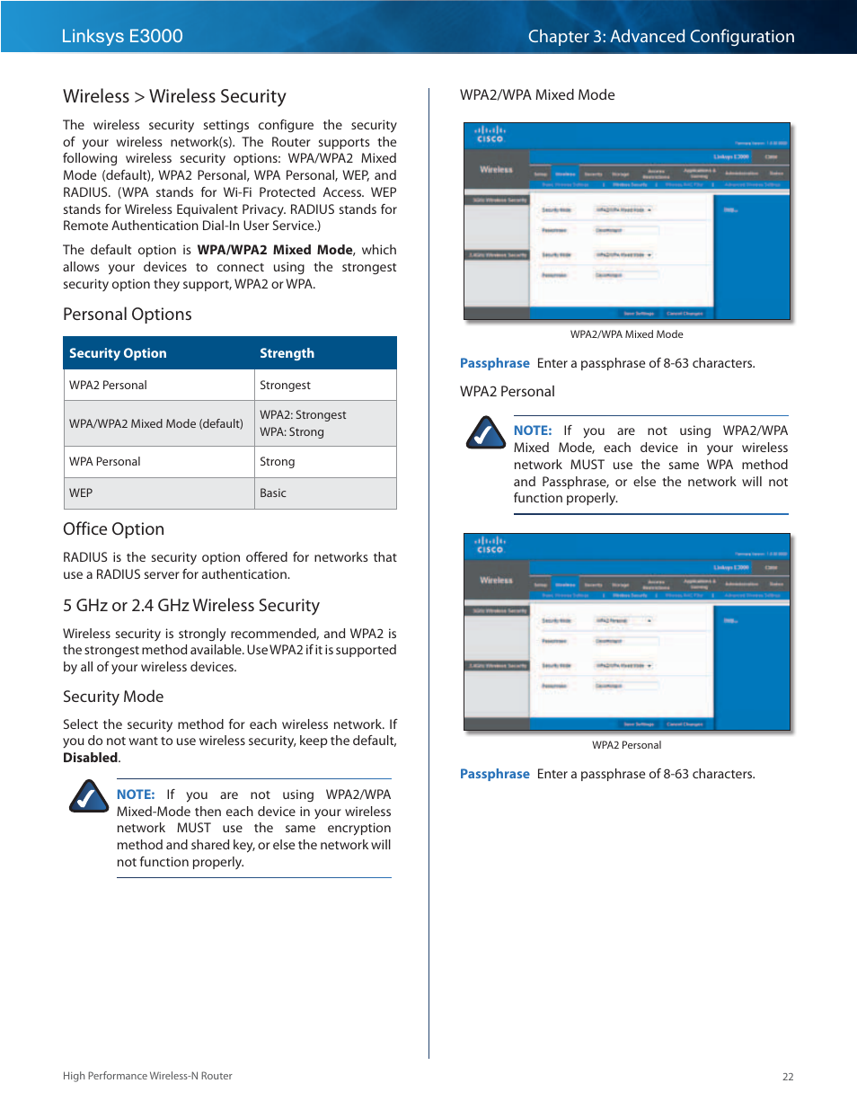 Wireless > wireless security, Personal options, Office option | 5 ghz or 2 .4 ghz wireless security | Linksys E3000 User Manual | Page 25 / 80