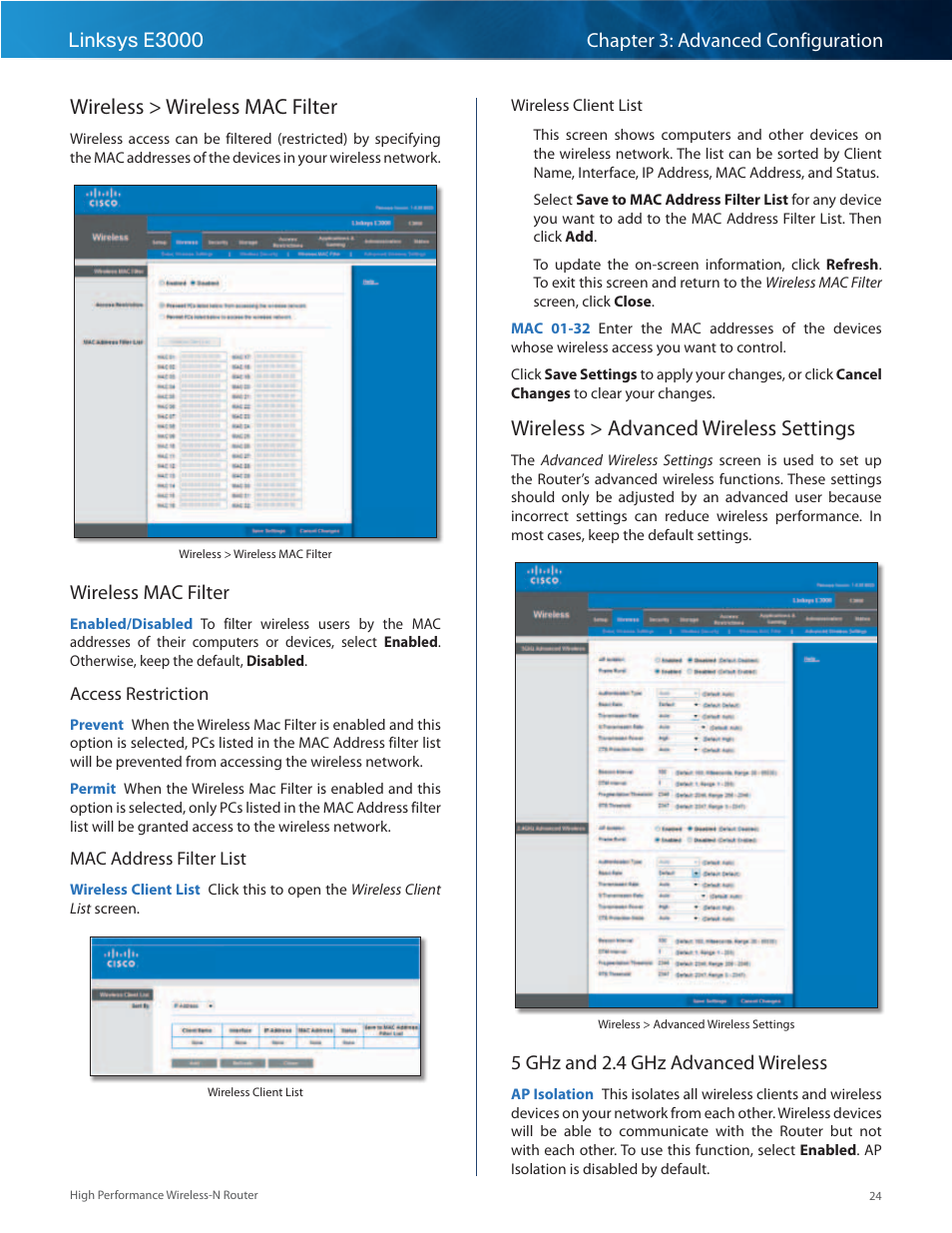 Wireless > wireless mac filter, Wireless > advanced wireless settings, Wireless mac filter | 5 ghz and 2 .4 ghz advanced wireless | Linksys E3000 User Manual | Page 27 / 80