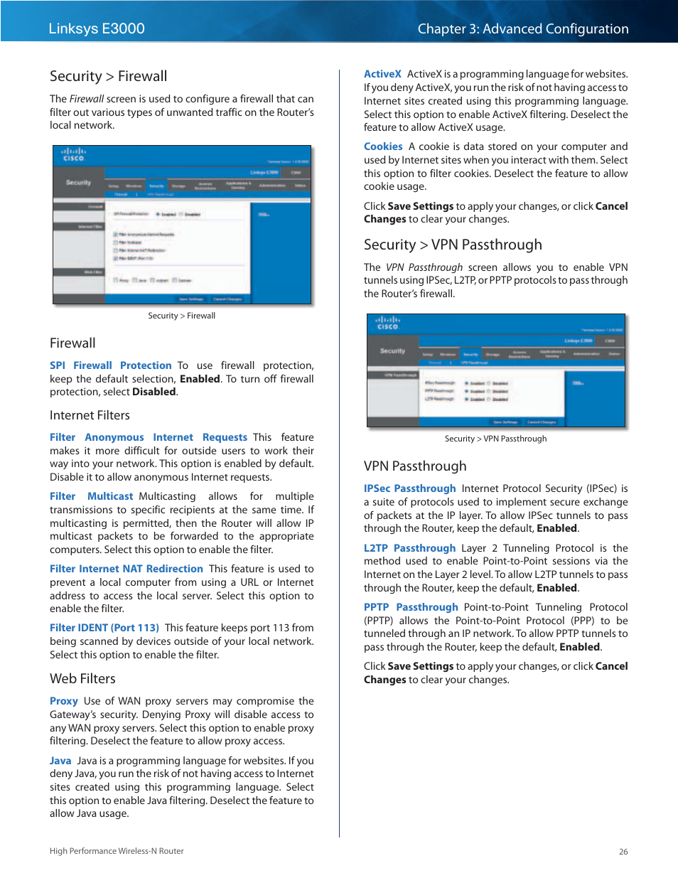 Security > firewall, Security > vpn passthrough, Security > firewall security > vpn passthrough | Firewall, Web filters, Vpn passthrough | Linksys E3000 User Manual | Page 29 / 80
