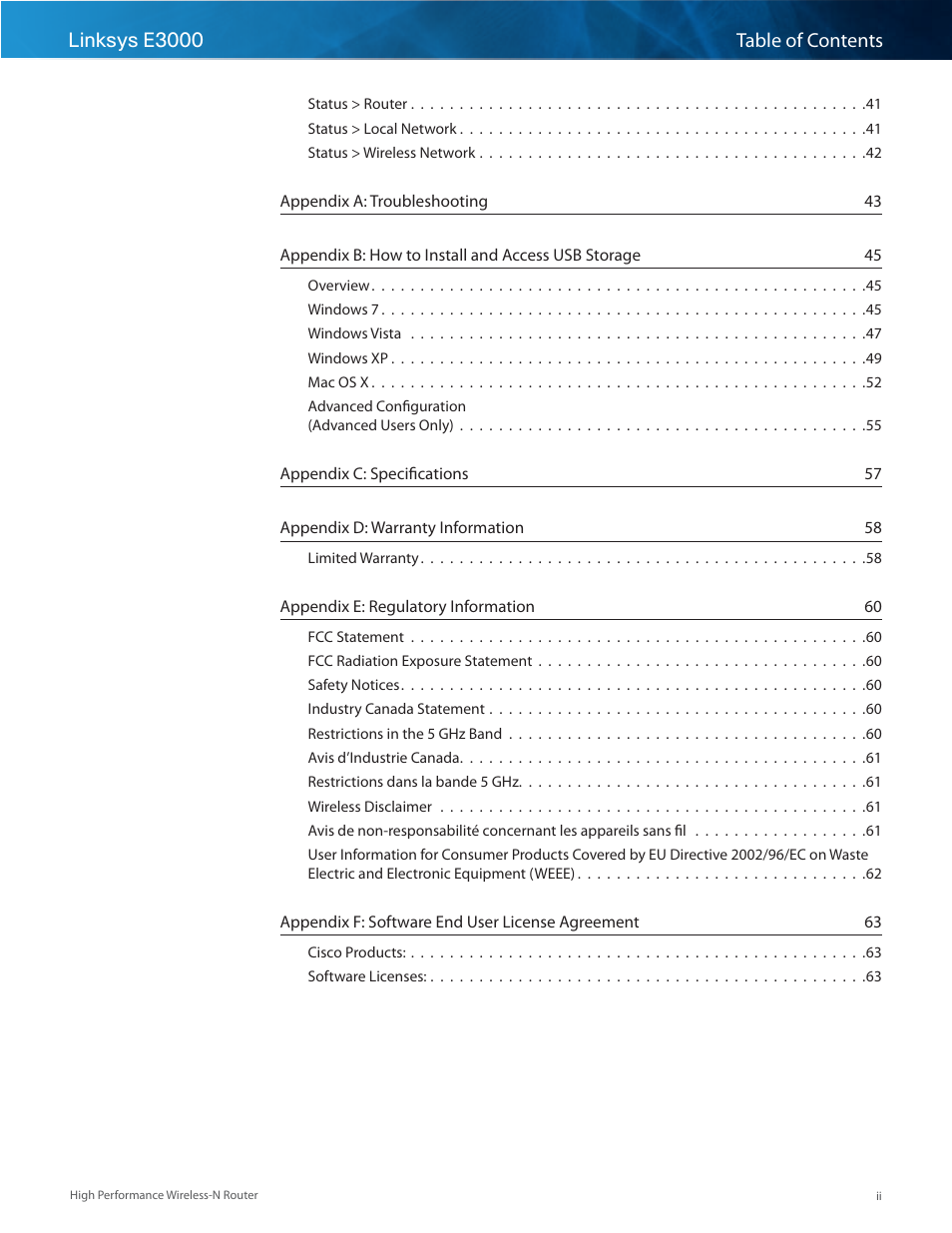 Linksys e3000 table of contents | Linksys E3000 User Manual | Page 3 / 80