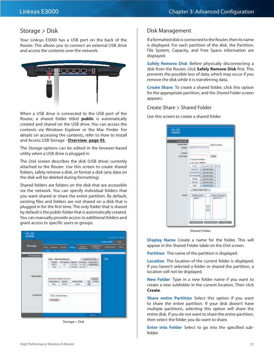 Storage > disk, Disk management, Create share > shared folder | Linksys E3000 User Manual | Page 30 / 80
