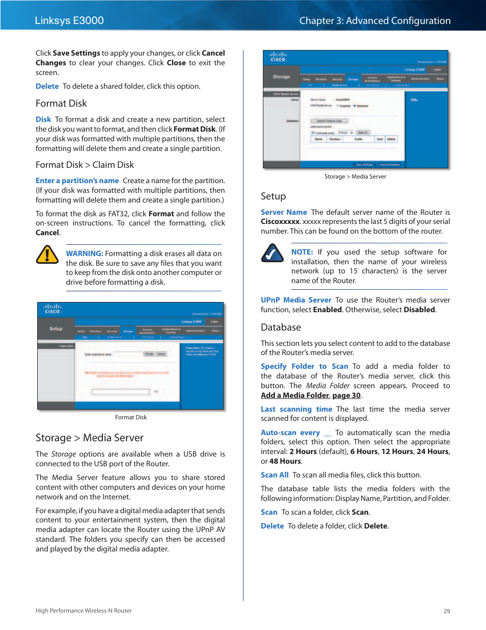 Storage > media server, Format disk, Setup | Database | Linksys E3000 User Manual | Page 32 / 80