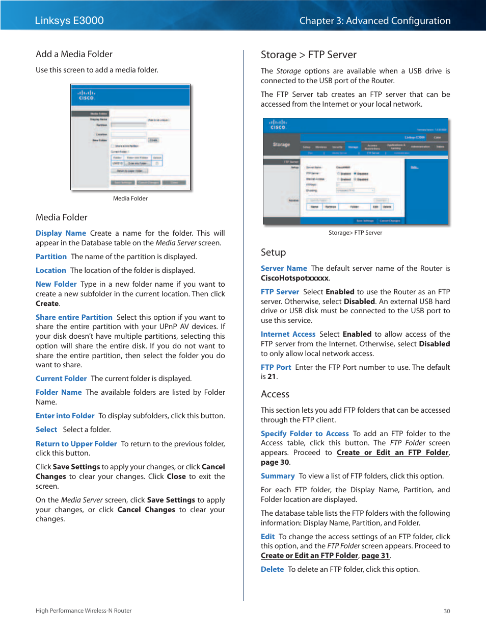 Storage > ftp server, Setup, Access | Linksys E3000 User Manual | Page 33 / 80