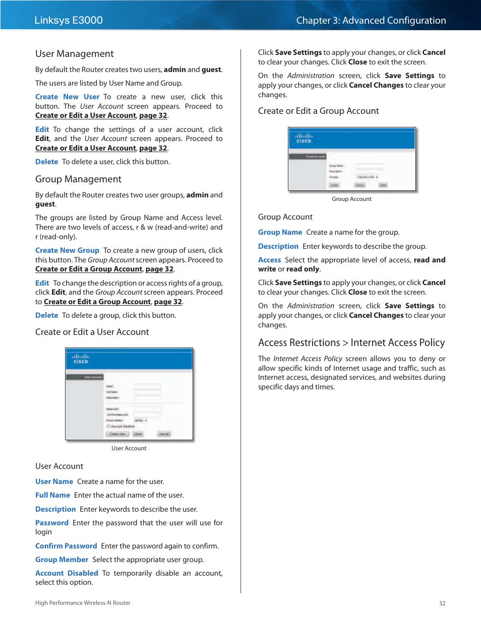 Access restrictions > internet access policy, Group management | Linksys E3000 User Manual | Page 35 / 80