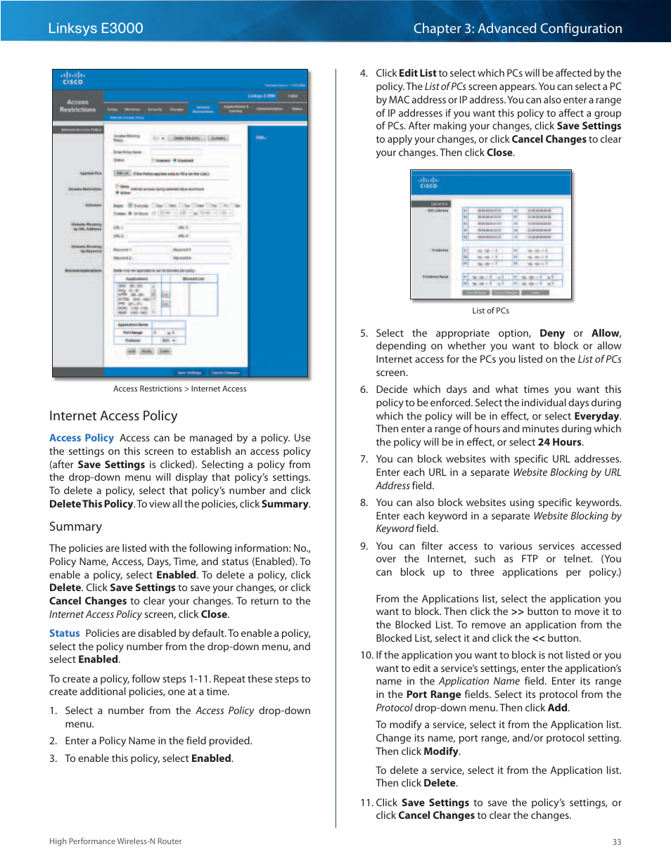 Internet access policy | Linksys E3000 User Manual | Page 36 / 80