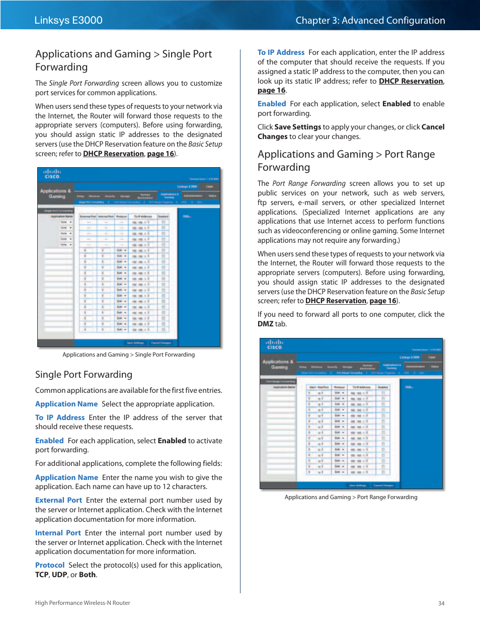 Applications and gaming > single port forwarding, Applications and gaming > port range forwarding, Single port forwarding | Linksys E3000 User Manual | Page 37 / 80