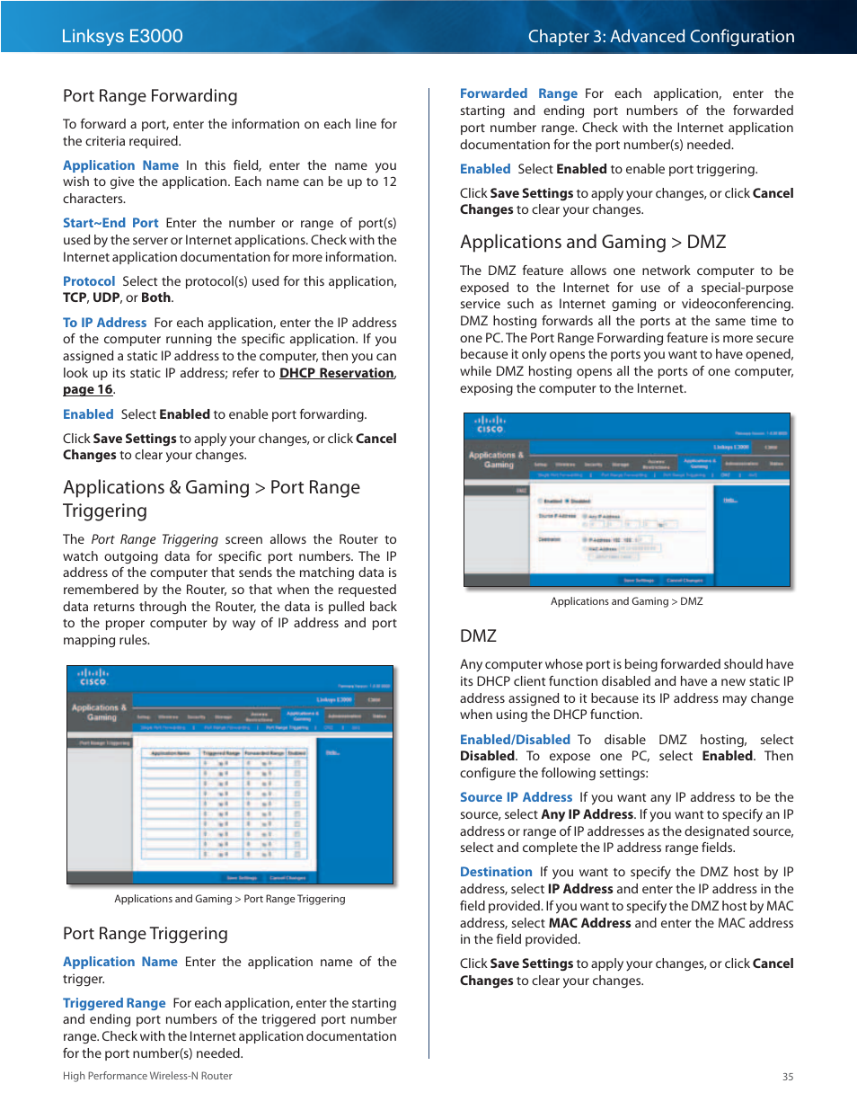 Applications & gaming > port range triggering, Applications and gaming > dmz, Port range triggering | Linksys E3000 User Manual | Page 38 / 80