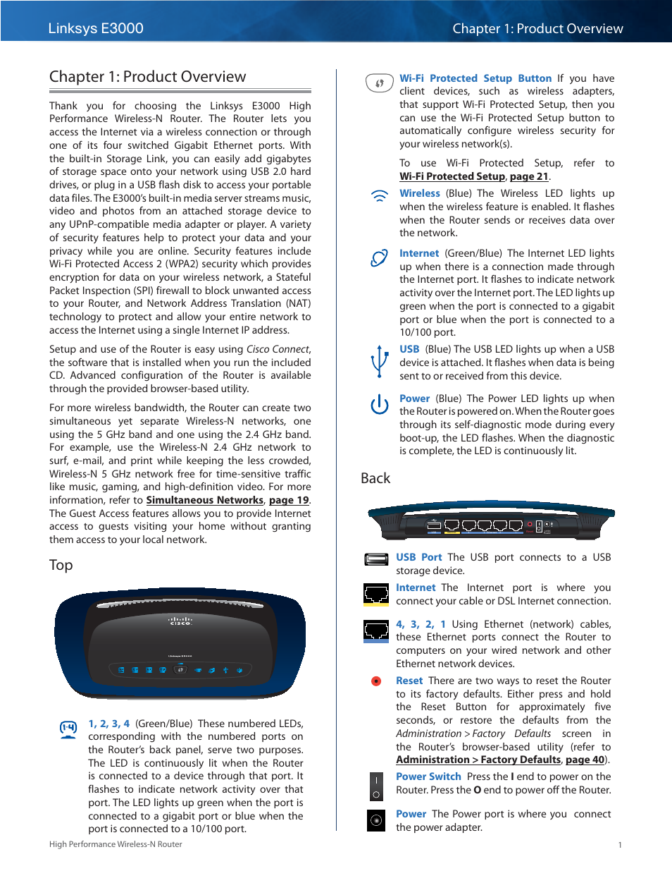 Chapter 1: product overview, Back, Top back | Linksys E3000 User Manual | Page 4 / 80