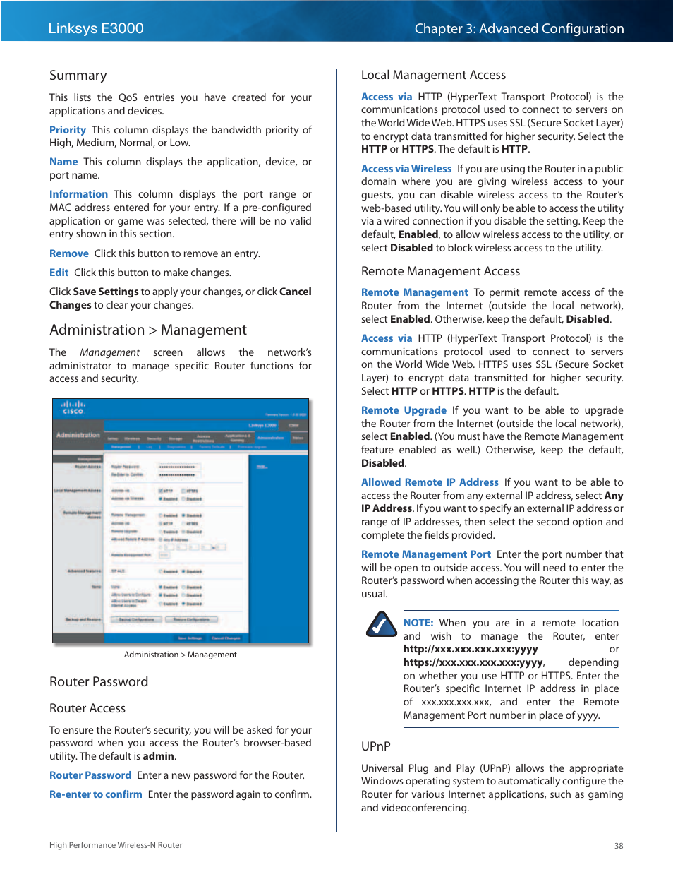Administration > management, Router password | Linksys E3000 User Manual | Page 41 / 80
