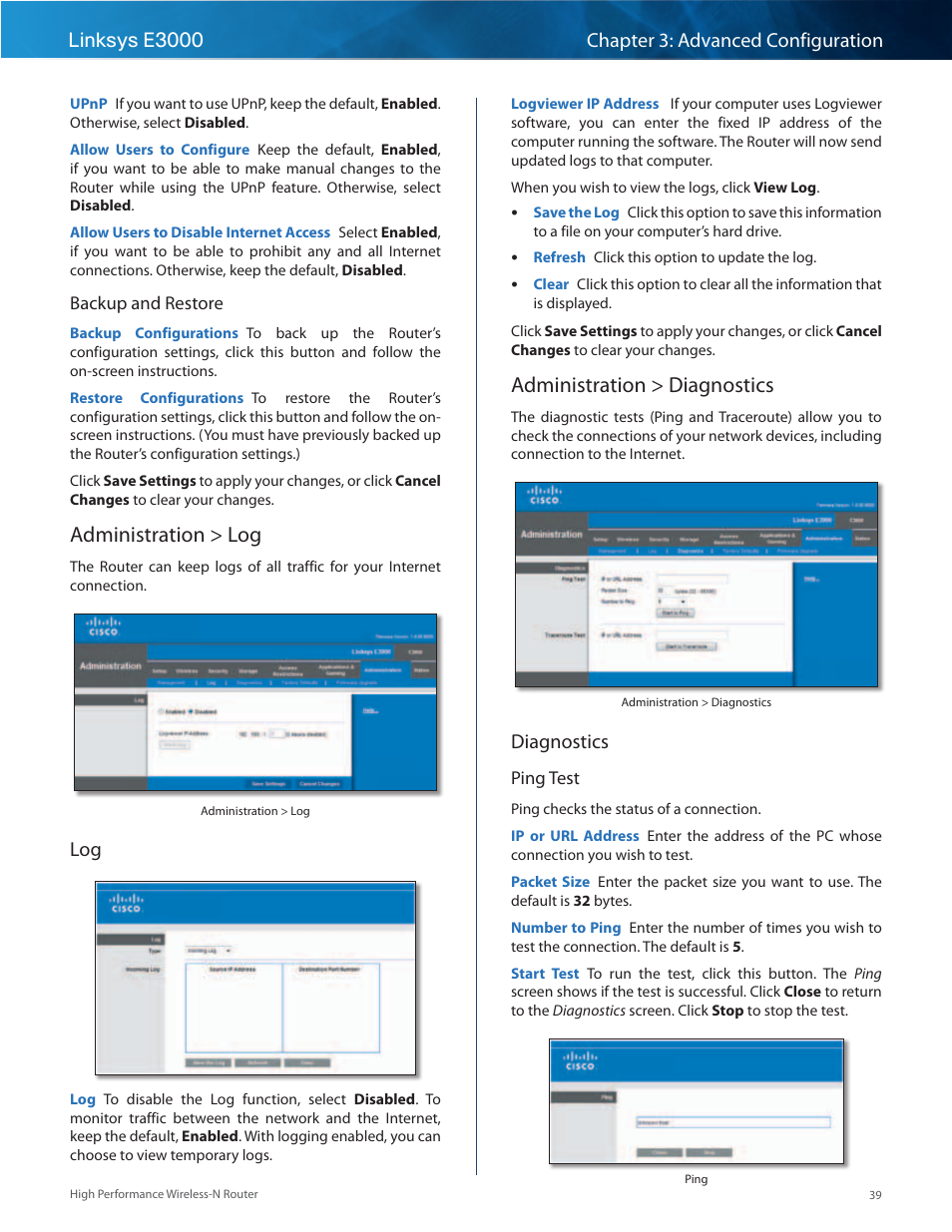 Administration > log, Administration > diagnostics, Administration > log administration > diagnostics | Diagnostics | Linksys E3000 User Manual | Page 42 / 80