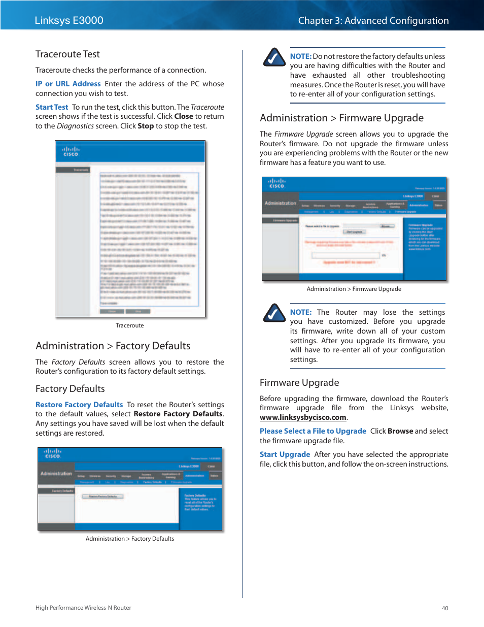 Administration > factory defaults, Administration > firmware upgrade, Factory defaults | Firmware upgrade | Linksys E3000 User Manual | Page 43 / 80