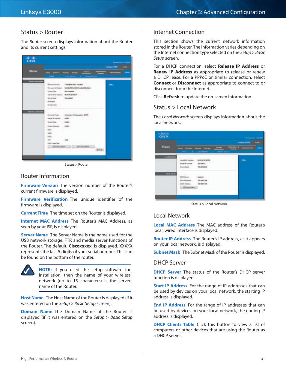 Status > router, Status > local network, Status > router status > local network | Router information, Internet connection, Local network, Dhcp server | Linksys E3000 User Manual | Page 44 / 80